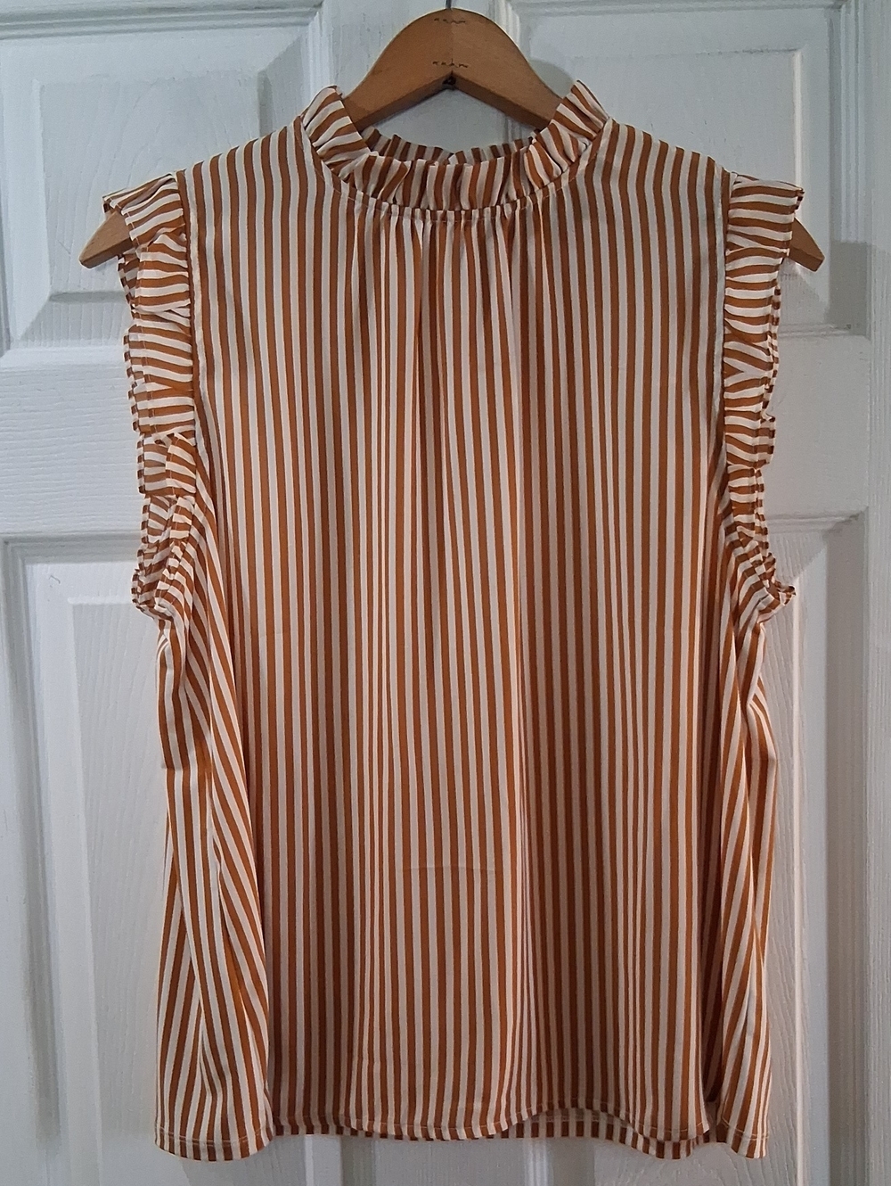 Ann Taylor Factory Striped Sleeveless Ruffled High Neck Top - Tan & White